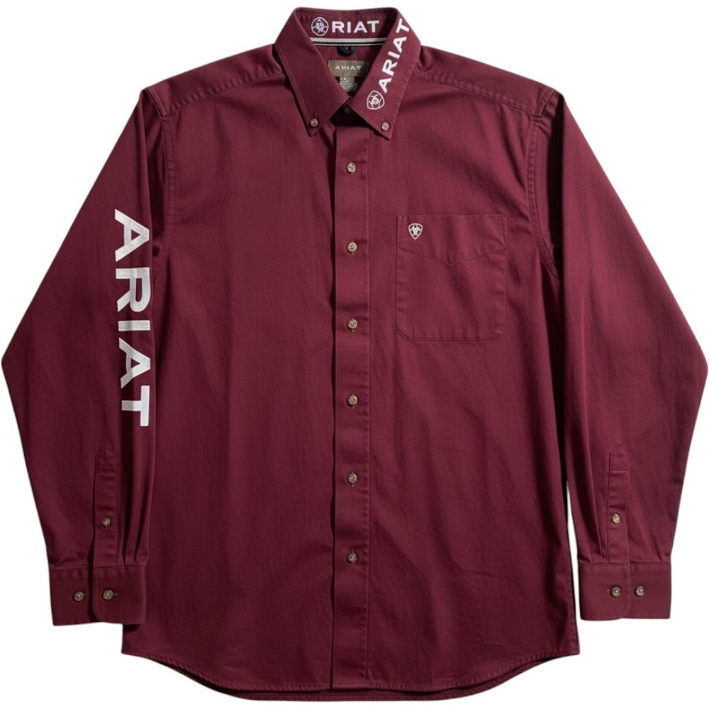 Ariat Small Button Down Shirt Burgundy Long Sleeve Logo Embroidery Western Mens
